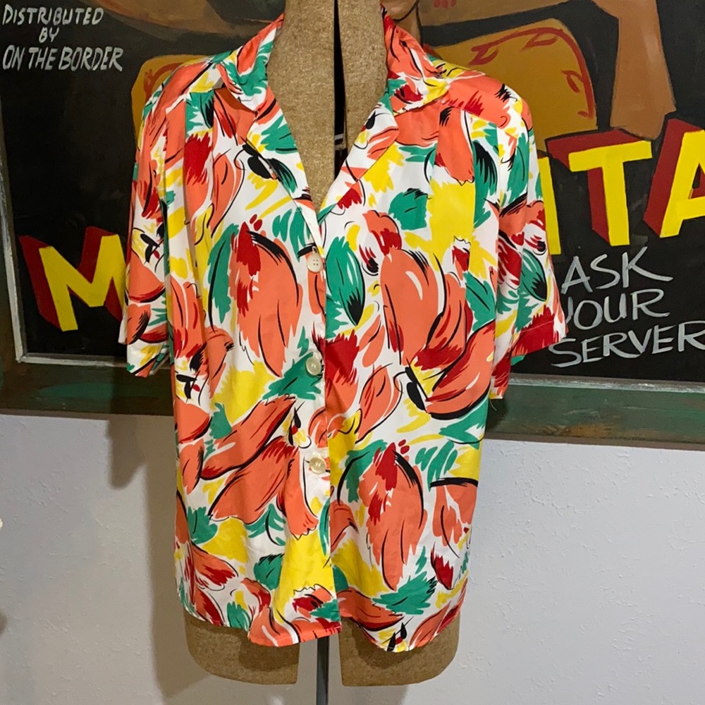 Vintage 80s Notations Colorful Floral Polyester Top Button Down Shirt